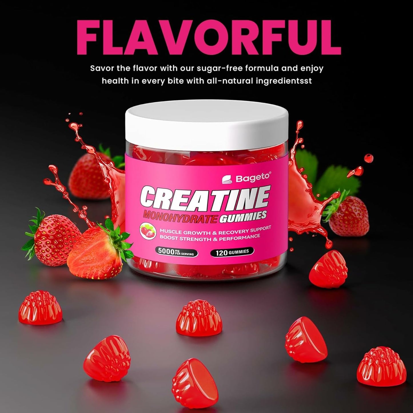 Creatine Monohydrate Gummies 5000mg for Men & Women, Gomitas de Creatina 5g Creatine Monohydrate, 0g Sugar Chewables Creatine Pre-Work Out for Muscle Strength, Vegan,120 Count, Strawberry