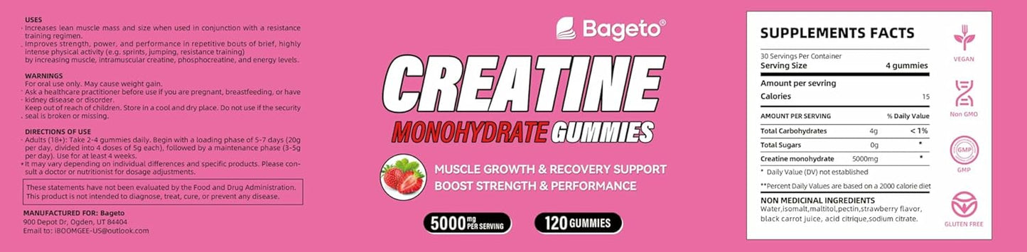 Creatine Monohydrate Gummies 5000mg for Men & Women, Gomitas de Creatina 5g Creatine Monohydrate, 0g Sugar Chewables Creatine Pre-Work Out for Muscle Strength, Vegan,120 Count, Strawberry