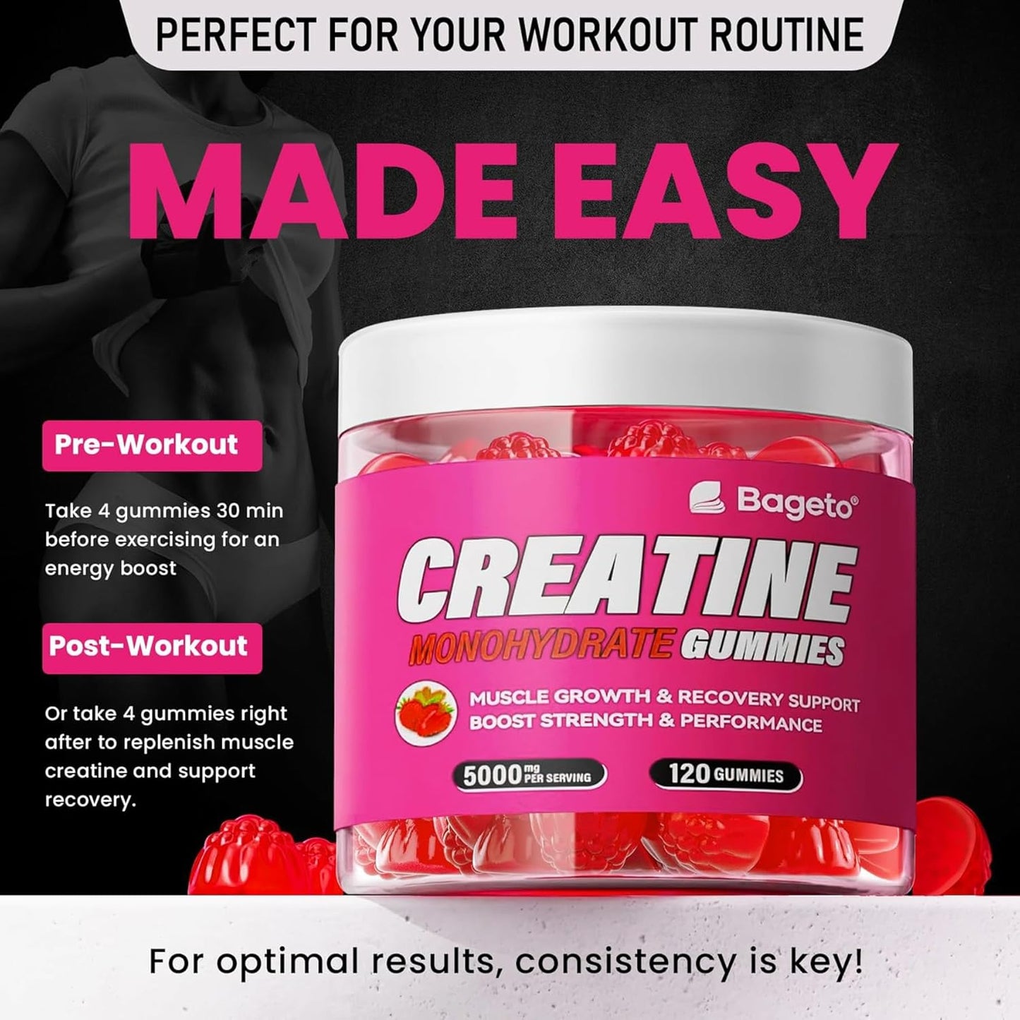 Creatine Monohydrate Gummies 5000mg for Men & Women, Gomitas de Creatina 5g Creatine Monohydrate, 0g Sugar Chewables Creatine Pre-Work Out for Muscle Strength, Vegan,120 Count, Strawberry