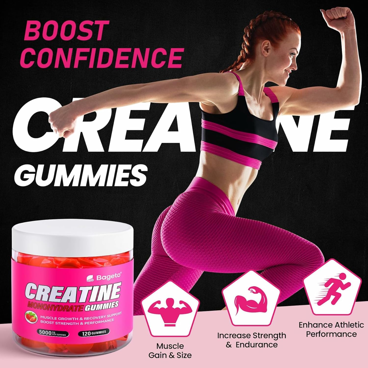 Creatine Monohydrate Gummies 5000mg for Men & Women, Gomitas de Creatina 5g Creatine Monohydrate, 0g Sugar Chewables Creatine Pre-Work Out for Muscle Strength, Vegan,120 Count, Strawberry