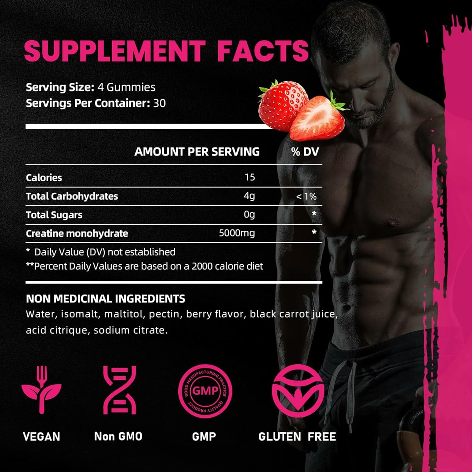 Creatine Monohydrate Gummies 5000mg for Men & Women, Gomitas de Creatina 5g Creatine Monohydrate, 0g Sugar Chewables Creatine Pre-Work Out for Muscle Strength, Vegan,120 Count, Strawberry